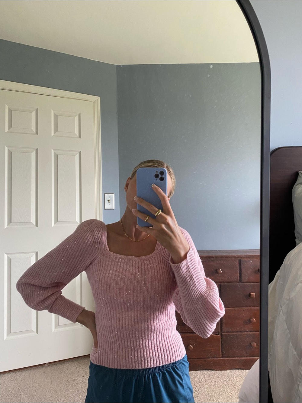 Delicate Pink Ribbed Square-Neck Sweater